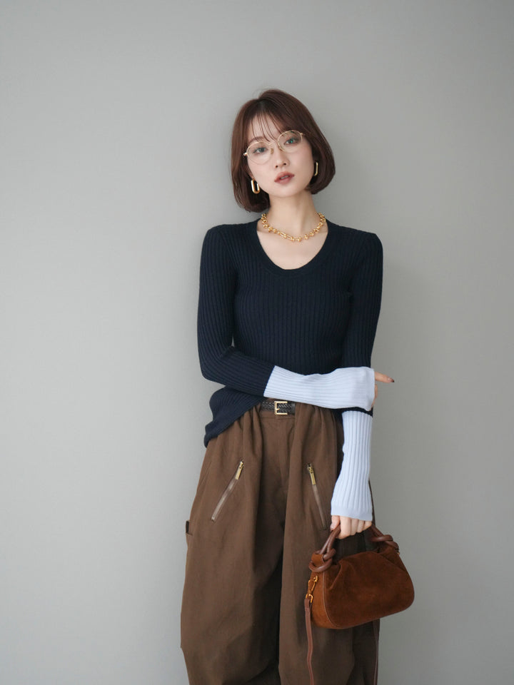 [予約]袖配色ランダムリブフロントスリットニットトップス/navy