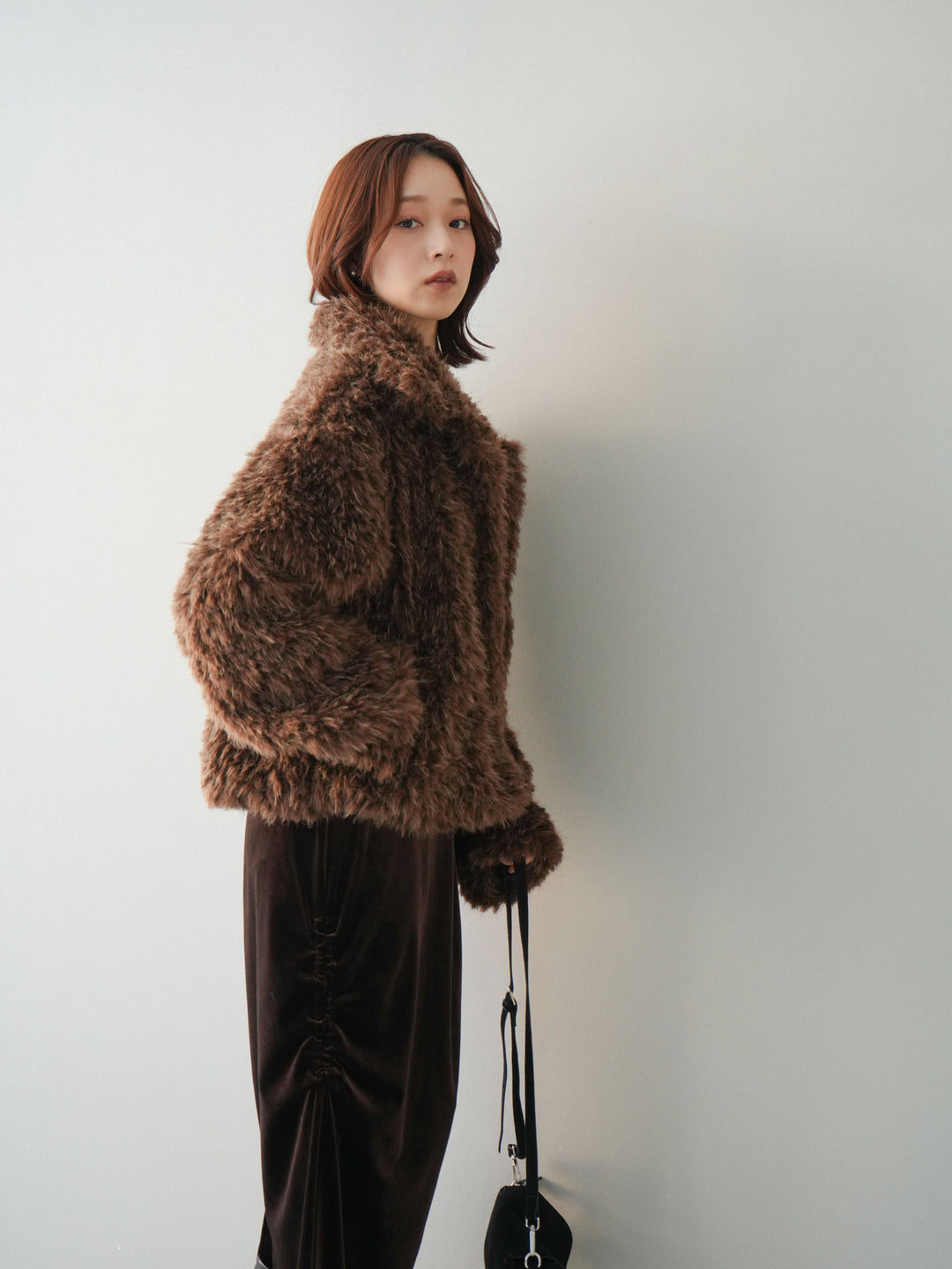 [SET]フェイクファー襟付きショートブルゾン+ギャザーベロアスカート(2set)