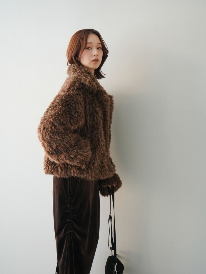 [SET]フェイクファー襟付きショートブルゾン+ギャザーベロアスカート(2set)