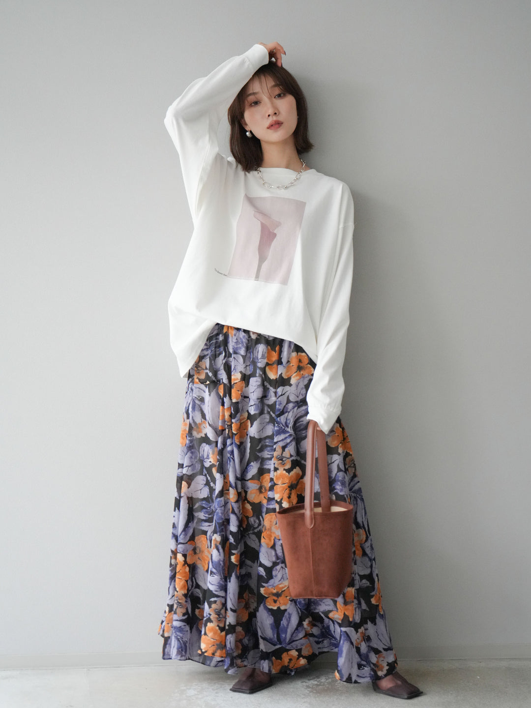 [予約]フラワープリントボリュームフレアスカート/ブラック