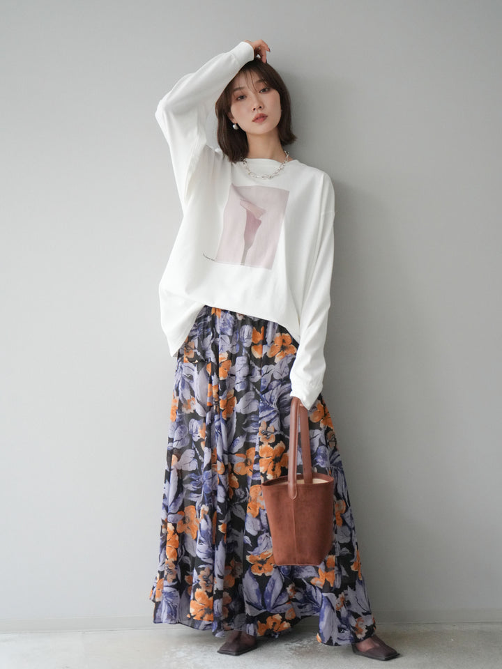 [予約]フラワープリントボリュームフレアスカート/ブラック