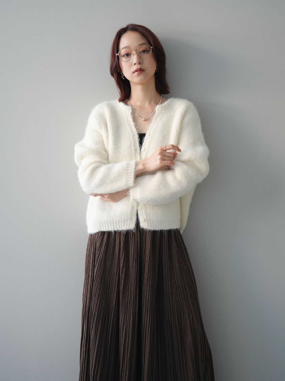 [予約]キーネックシャギーニットカーディガン/ivory