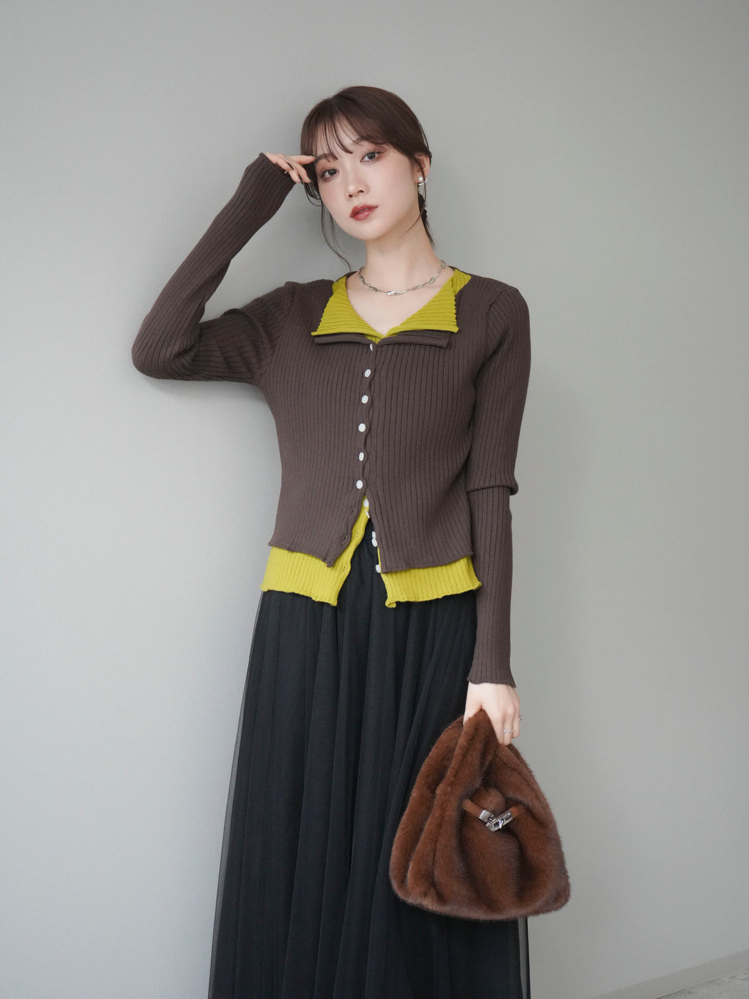 [予約]配色レイヤードリブニットカーディガン/brown