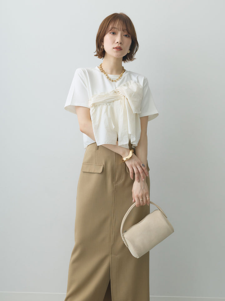 [SET]ナイロンドッキングツイストTEE +クレープデシンフラップ付きストレートスカート(2set)