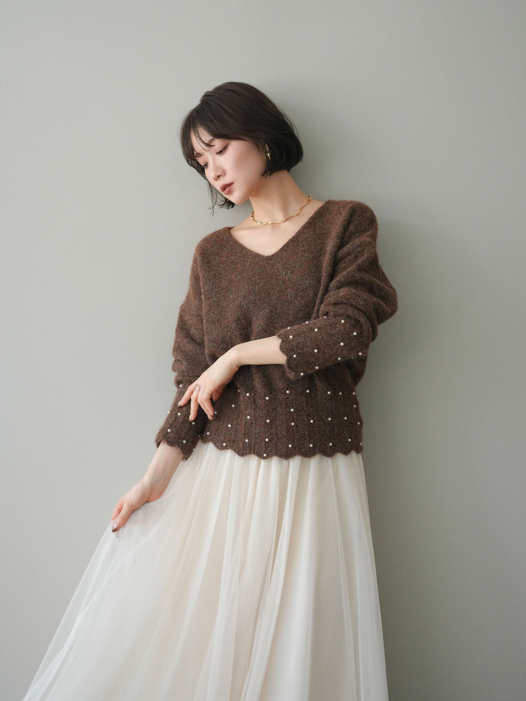 [SET]パールフリルリブヘムニットプルオーバー+チュールボリュームスカート(2set)