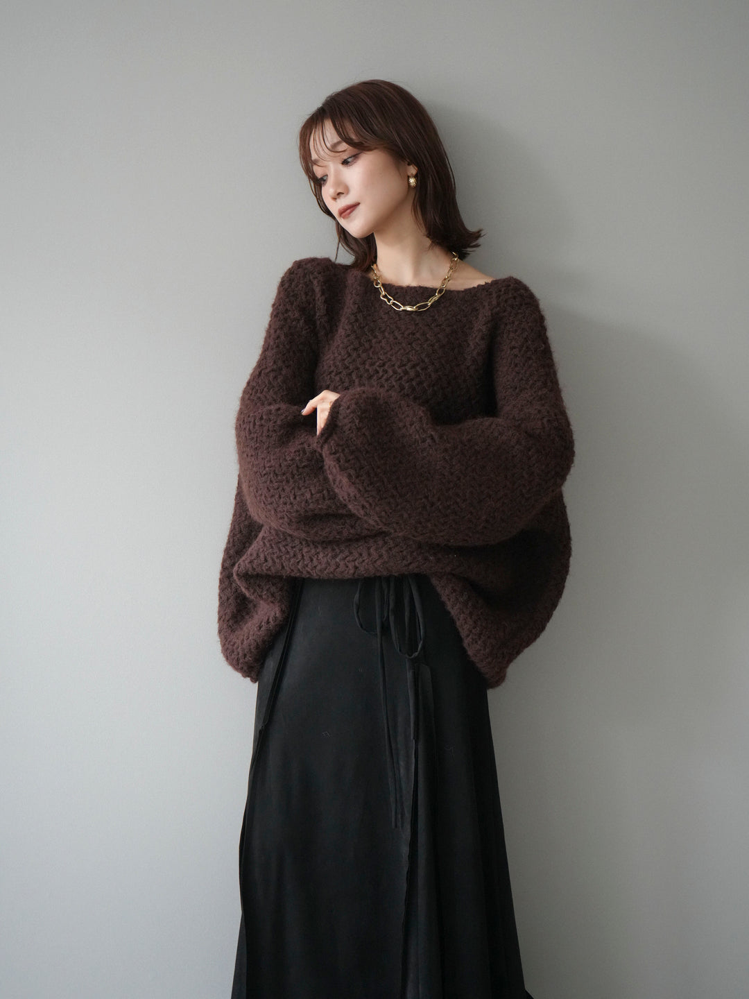 [予約]ワッフル編みオーバーニットプルオーバー/brown