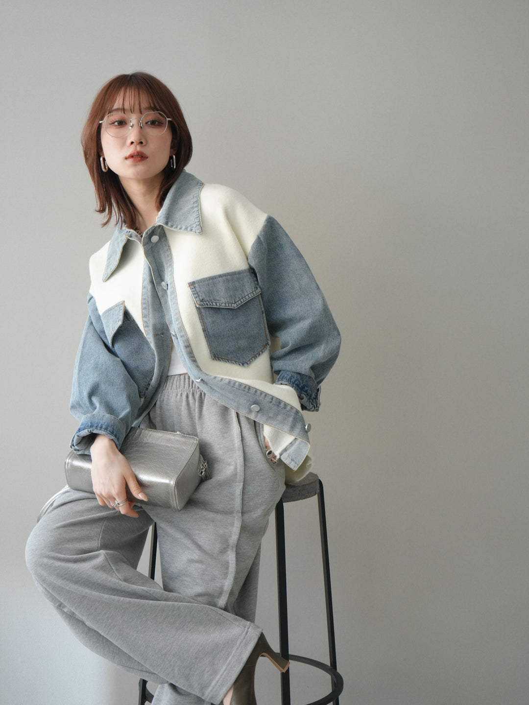 [SET]デニム襟ダブルフェイスニットカーディガン+2WAYデザインスウェットパンツ(2set)