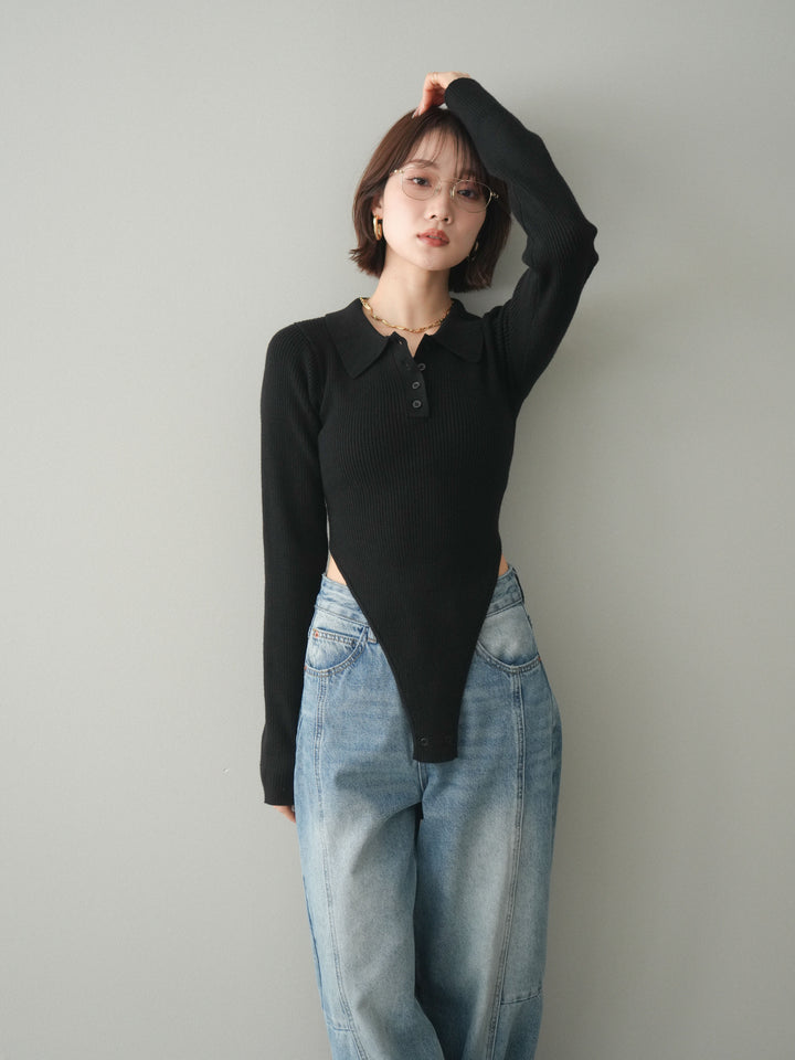 [予約]リブポロニットボディスーツ/black