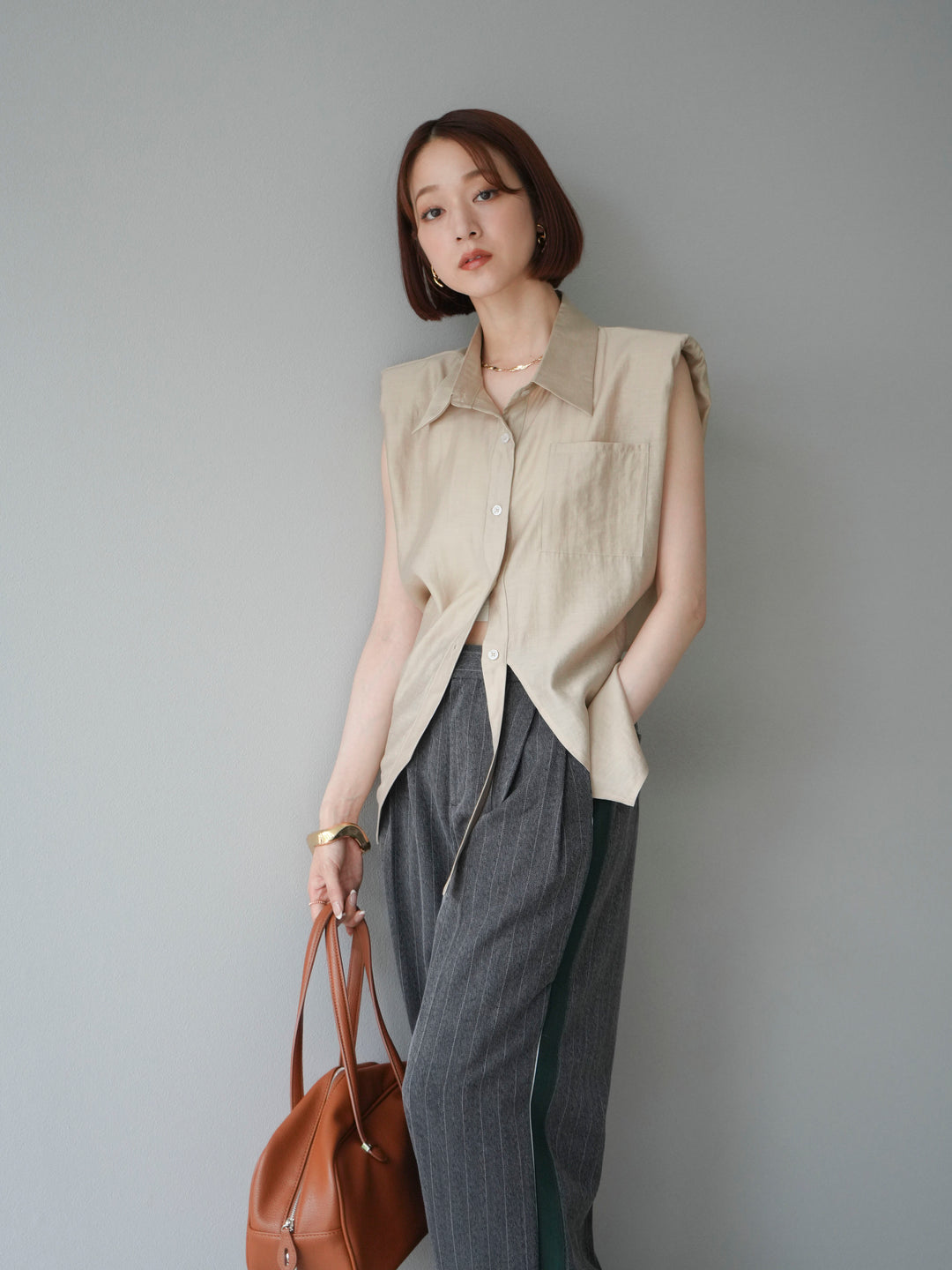 [予約]サイドラインストライプワイドパンツ/チャコール