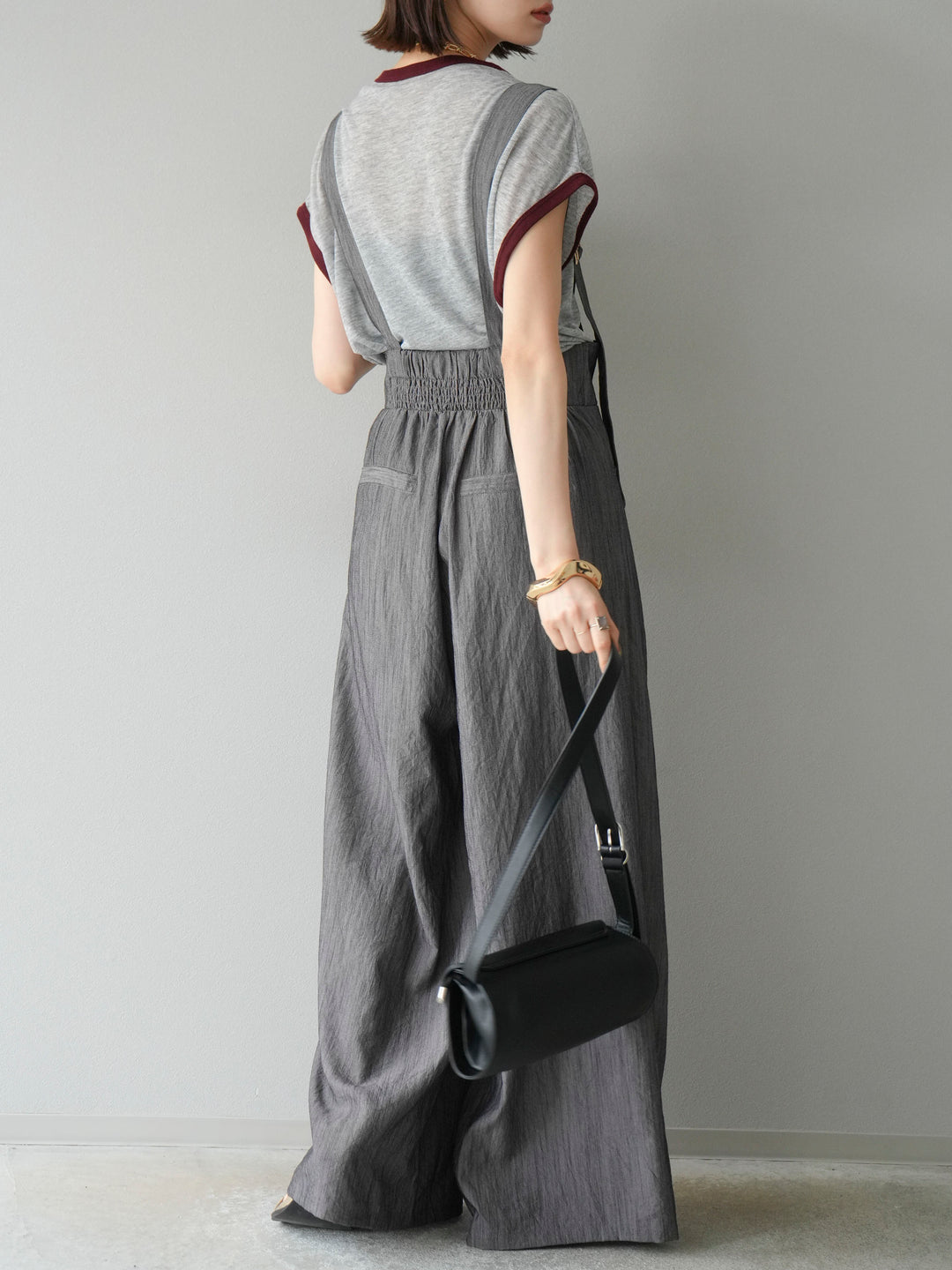 [予約]ストリングデザインハイウエストサロペット/チャコール