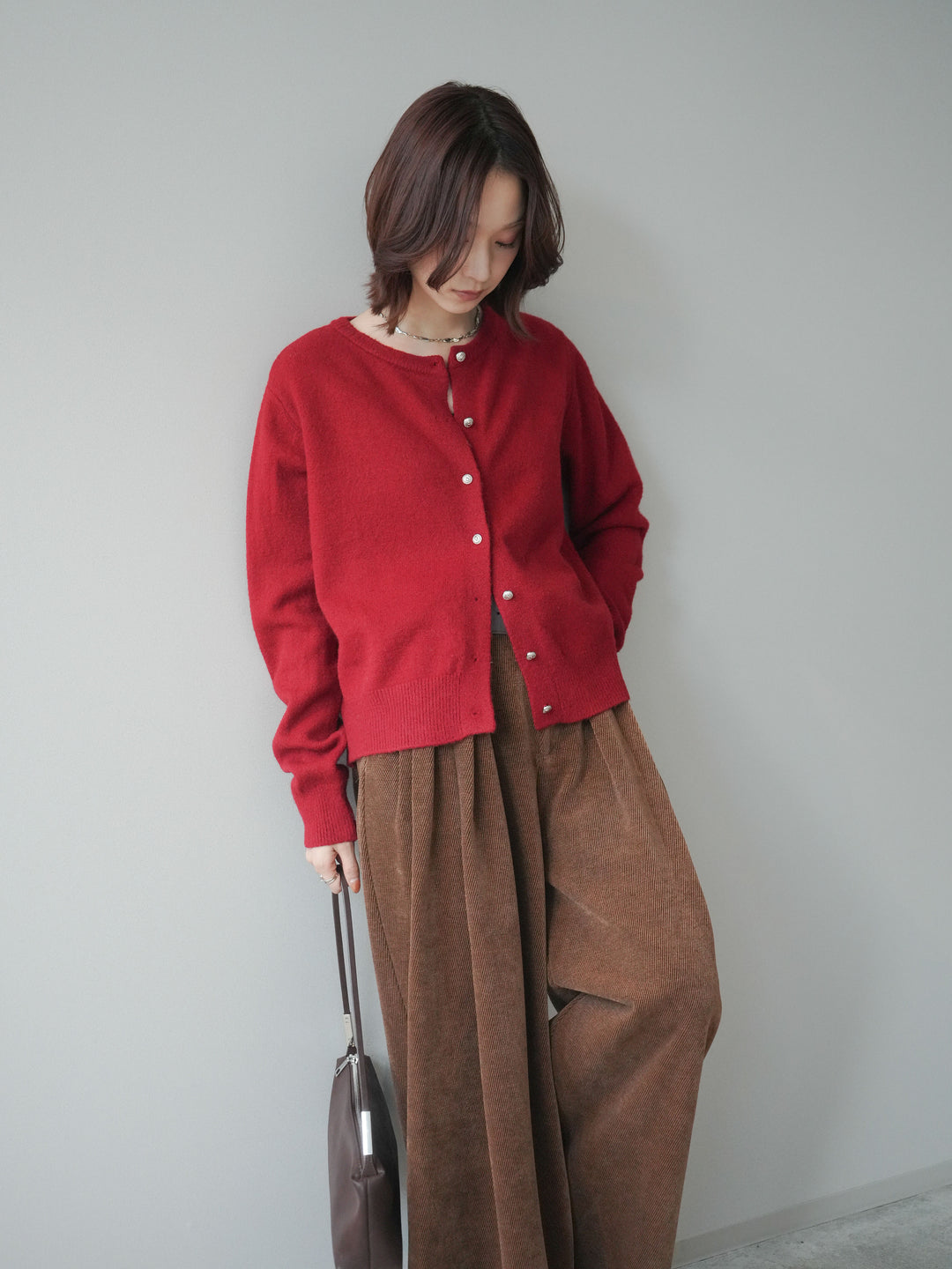 [SET]アンティークボタンニットカーディガン+ベルトデザインループコールテンワイドパンツ(ベルト付き)(2set)