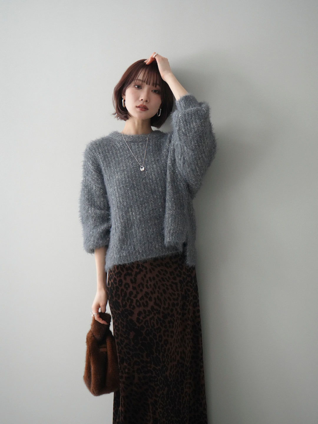 [SET]ボリュームスリーブシャギー MIXニットプルオーバー+レオパードベロアナロースカート(2set)