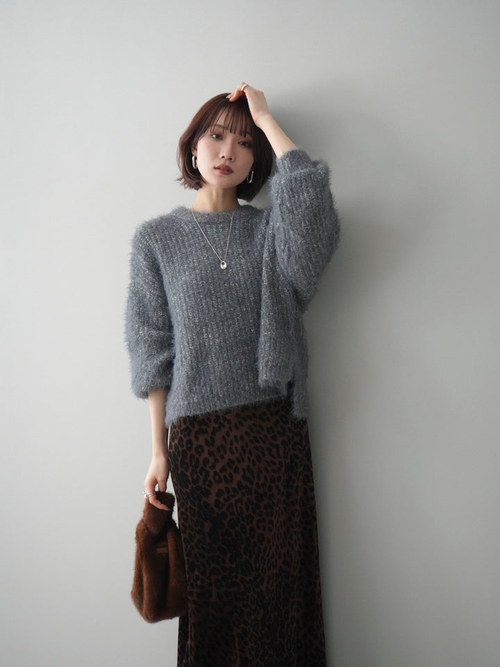 [SET]ボリュームスリーブシャギー MIXニットプルオーバー+レオパードベロアナロースカート(2set)