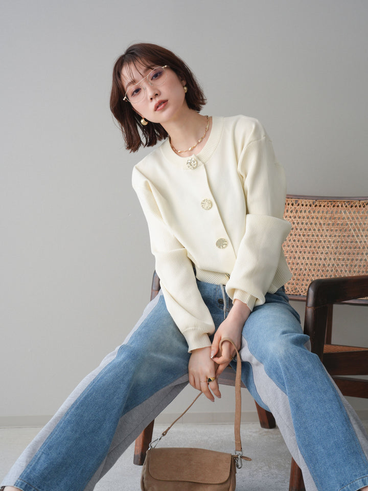 [SET]メタルボタンクルーネックニットカーディガン+選べるアクセセット(2set)