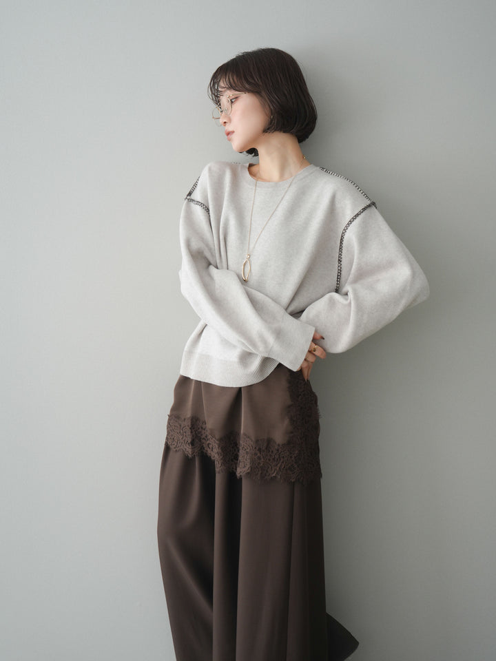 [予約]バックロゴ刺繍配色ステッチニットプルオーバー/lightgray