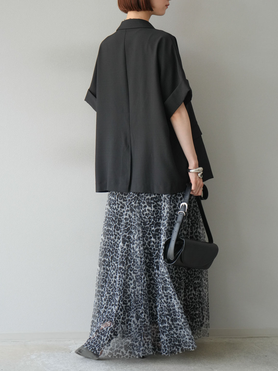 [予約]レオパードチュールレイヤードプリーツスカート/ブラック