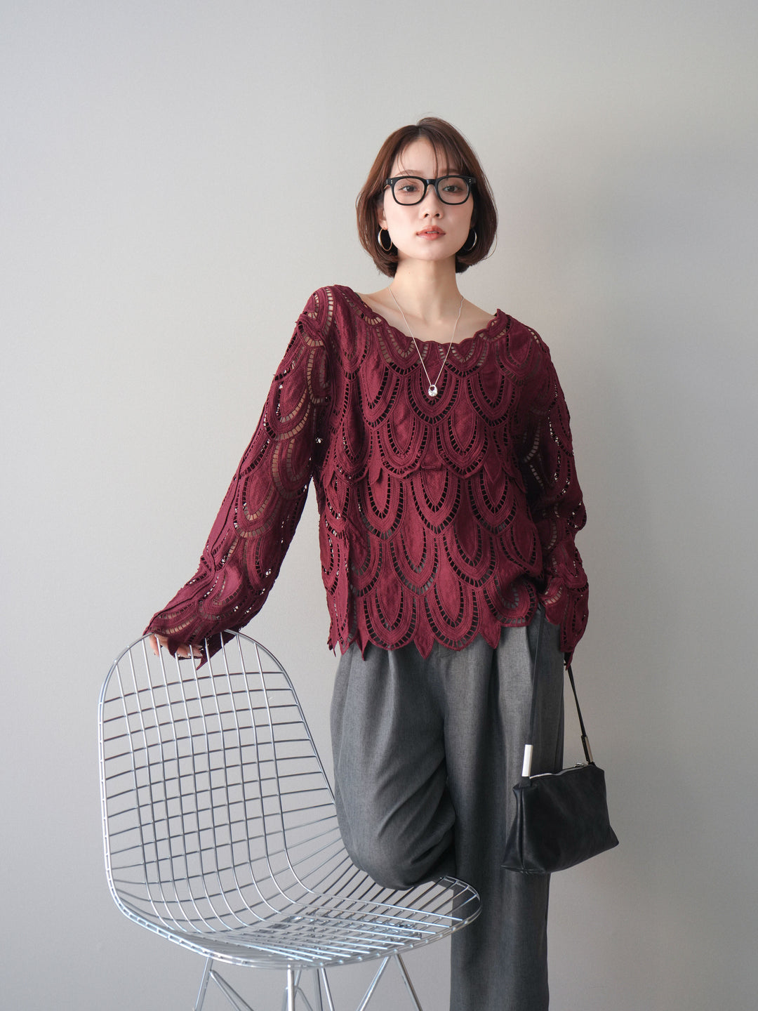 [予約]透かしコードレースブラウス/bordeaux