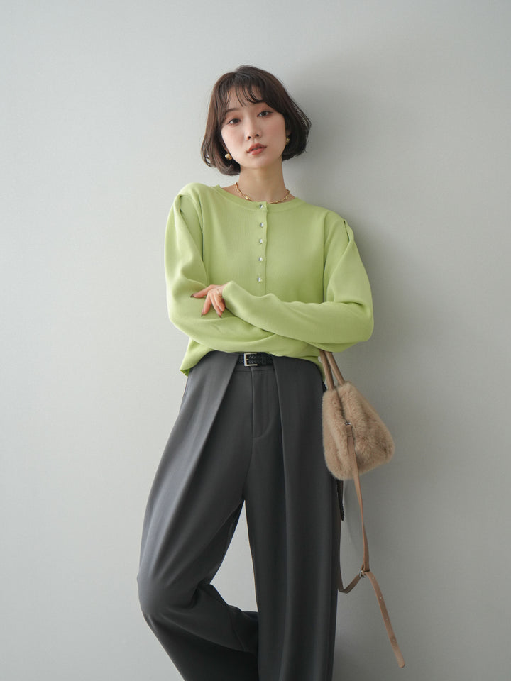 [SET]クリアボタンタックニットカーディガン+ベルトループデザインワイドパンツ(2set)