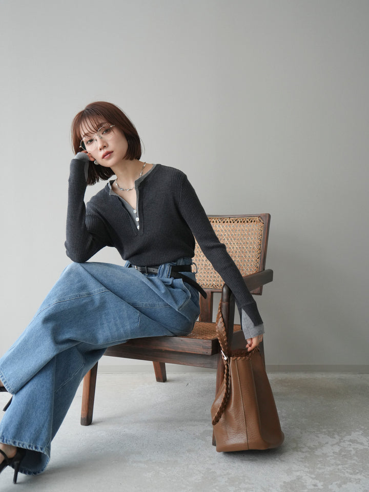 [SET]バイカラーキーネックリブニットトップス+ハイウエストベルトループデザインデニムパンツ(2set)