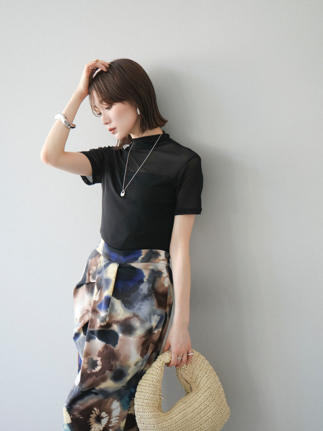[SET] 透視半袖上衣 + 水彩印花褶襉I字裙 (2set)