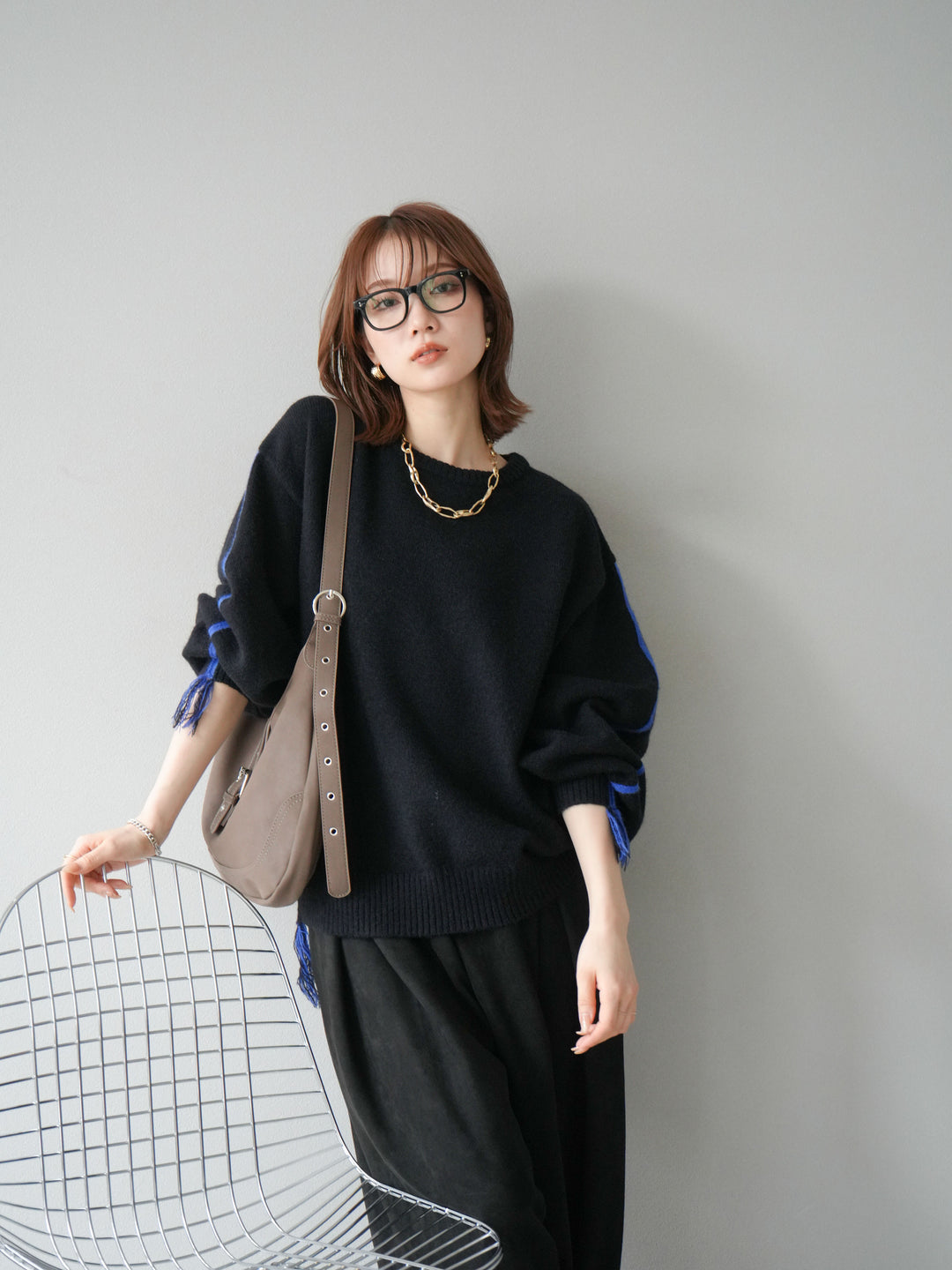 [SET]配色ステッチフリンジニットプルオーバー +スウェードタックワイドパンツ(2set)