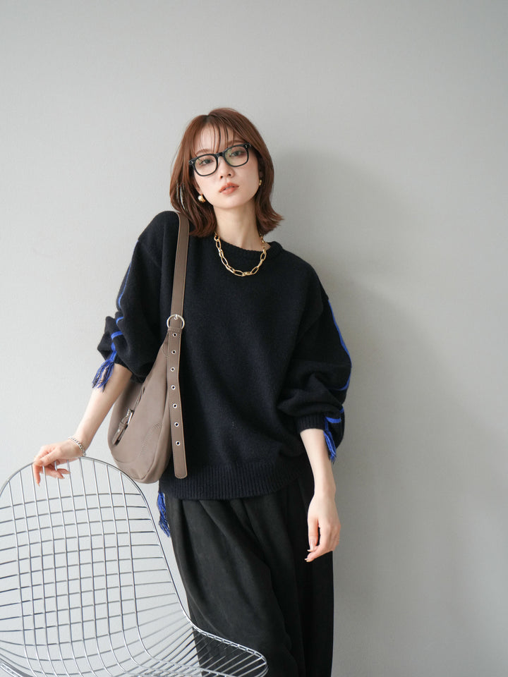 [SET]配色ステッチフリンジニットプルオーバー +スウェードタックワイドパンツ(2set)