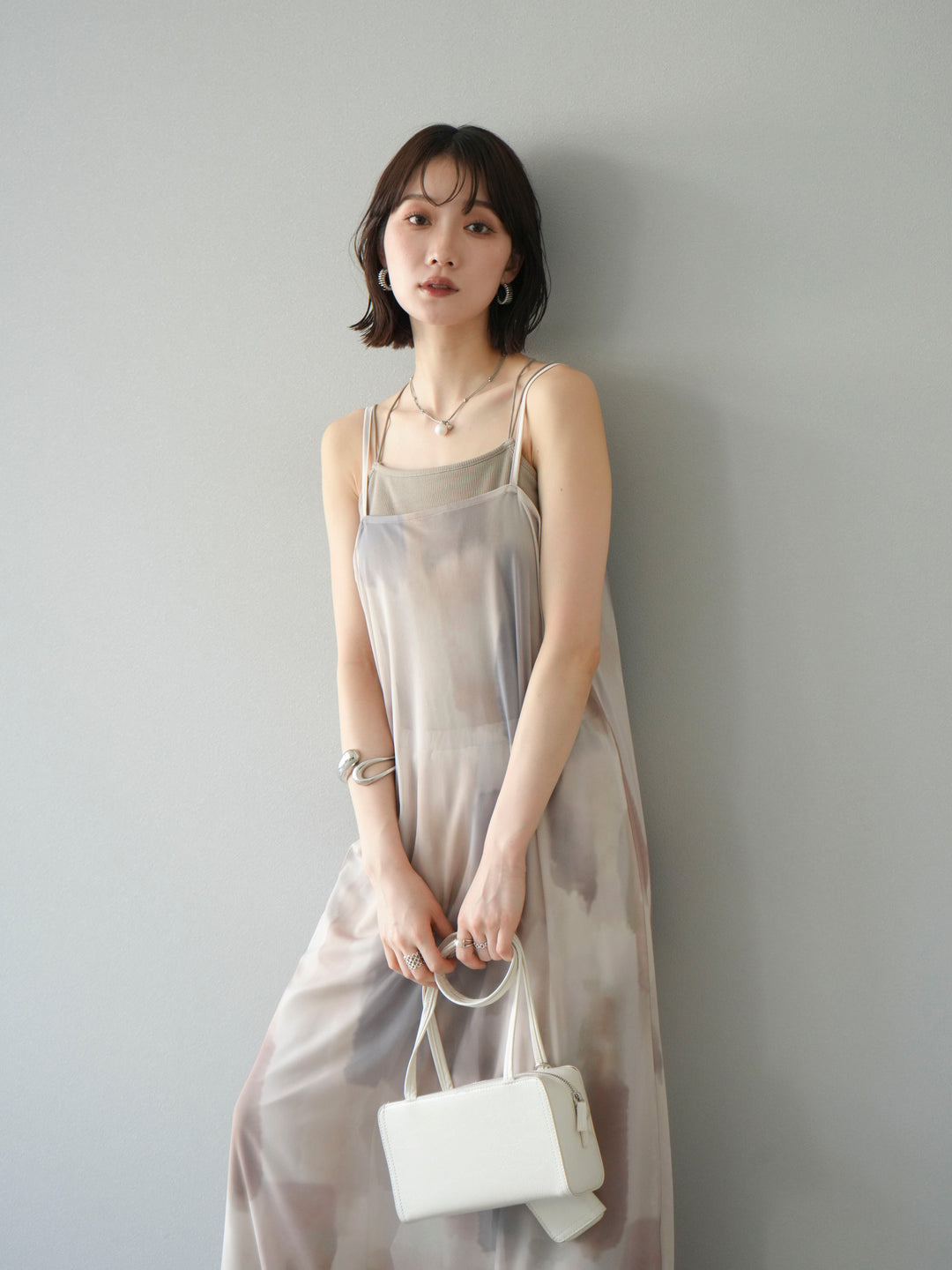 [SET]水彩アートシアーキャミワンピース+カップ付きバッククロスキャミソール(2set)