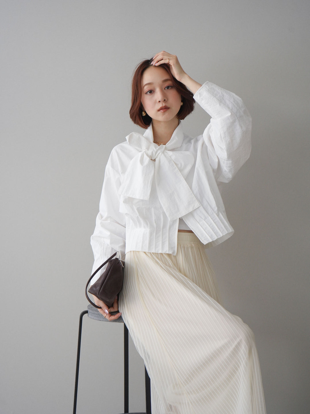 [SET]ボウタイ裾プリーツライトジャケット+ストライプチュールボリュームバギーパンツ(2set)