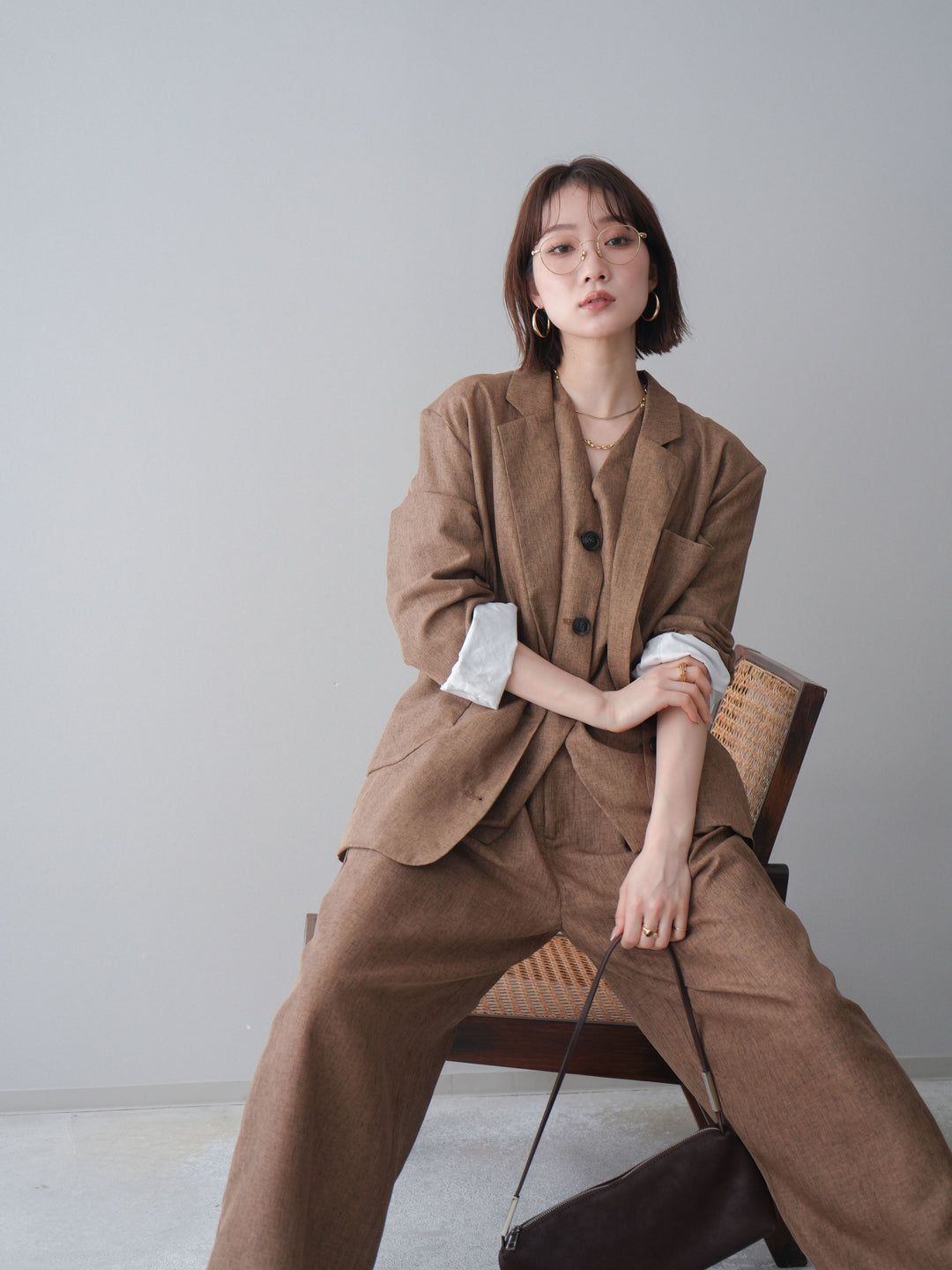 [SET]リネンライクテーラードジャケット+リネンライクバックオープンジレ+リネンライクタックワイドパンツ(3set)