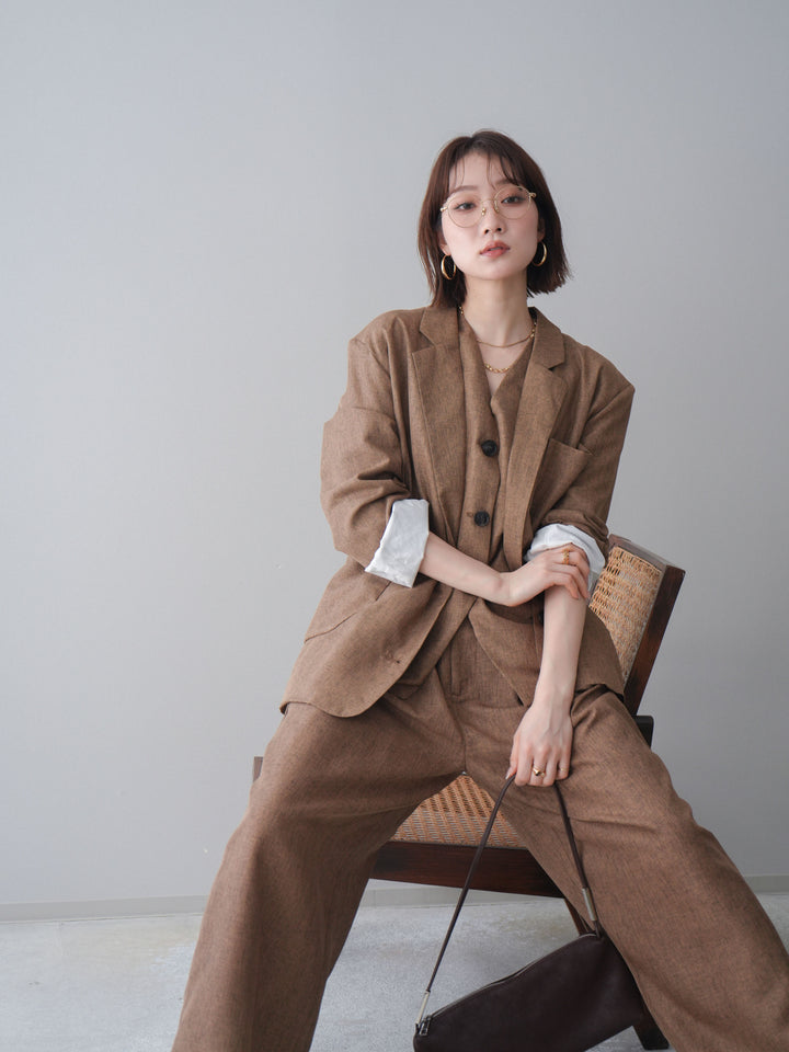 [SET]リネンライクテーラードジャケット+リネンライクバックオープンジレ+リネンライクタックワイドパンツ(3set)