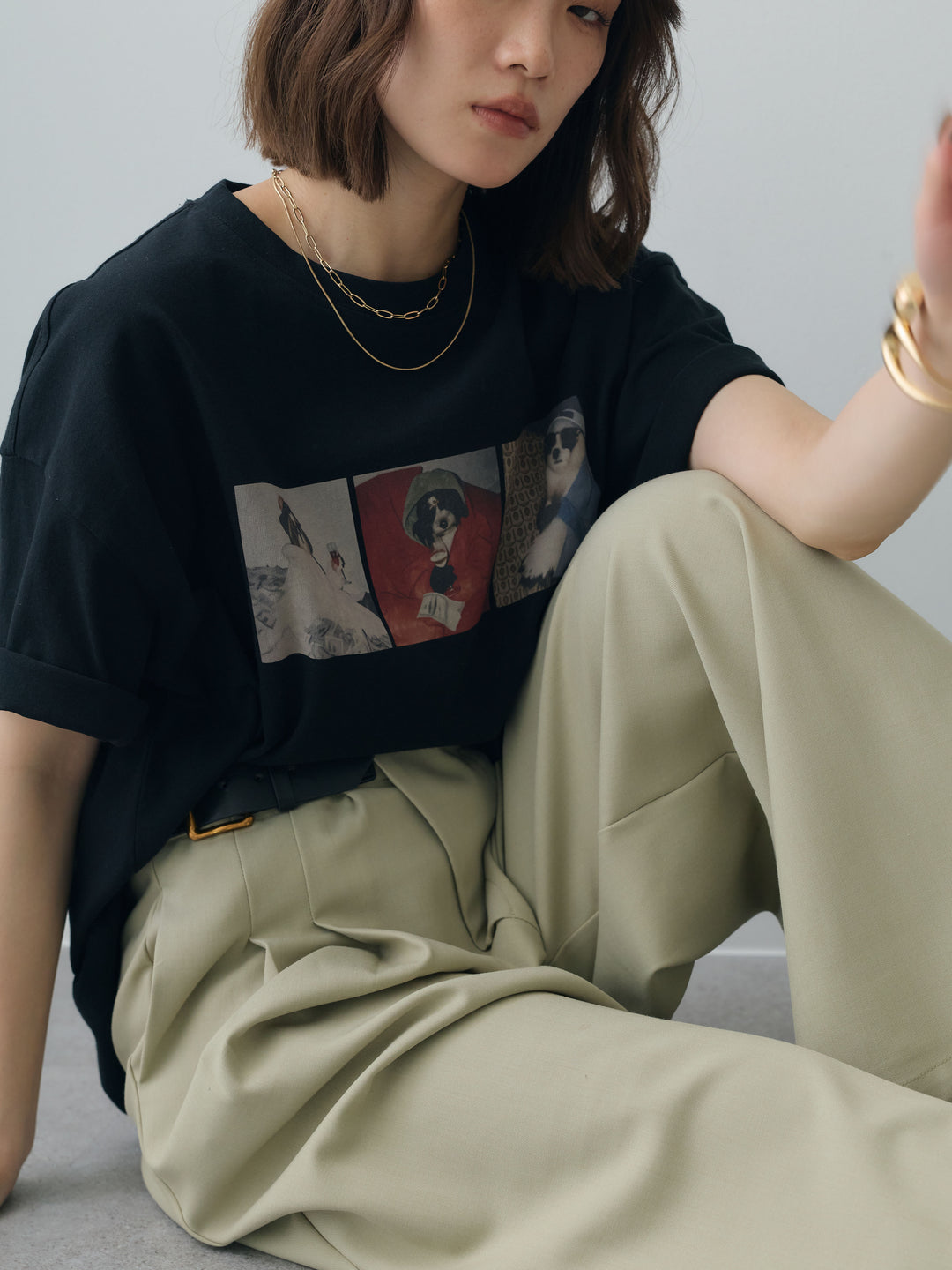 [SET]スリードッグフォトボックスTEE+アシンメトリーベルトタックワイドパンツ(2set)