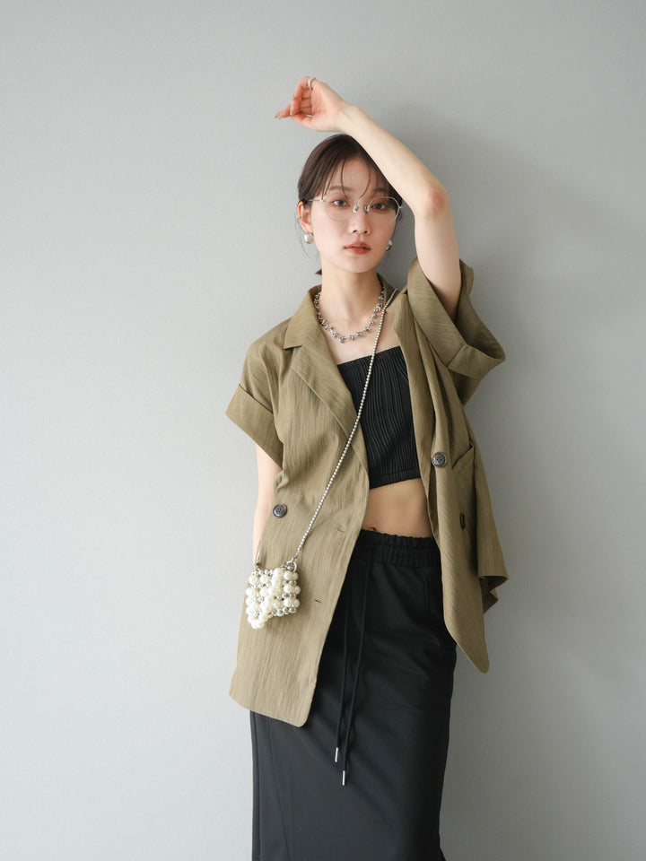 [SET]リネンライクノースリーブダブルジレ+ウェーブパイピングカップ付ベアキャミソール(2set)