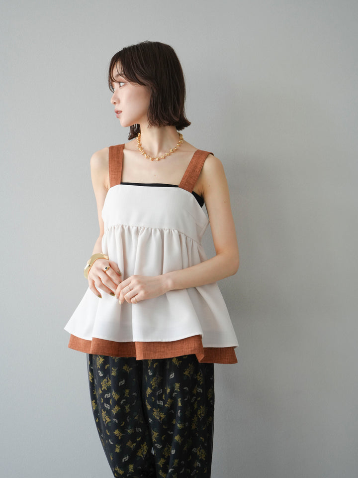 [SET]リネンライク配色フレアタンクトップ+ブーケプリントタックパンツ(2set)
