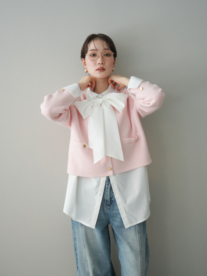 [SET]ゴールドボタンノーカラーニットジャケット+ボウタイ付オーバーシャツ(2set)