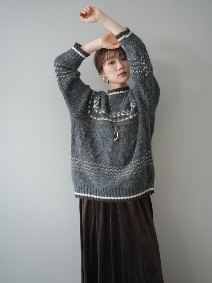 [予約]裾配色ノルディック柄ニットプルオーバー/gray