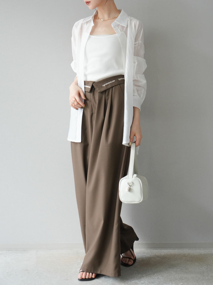 【預購】寬褲，捲腰，附logo褶/褐色