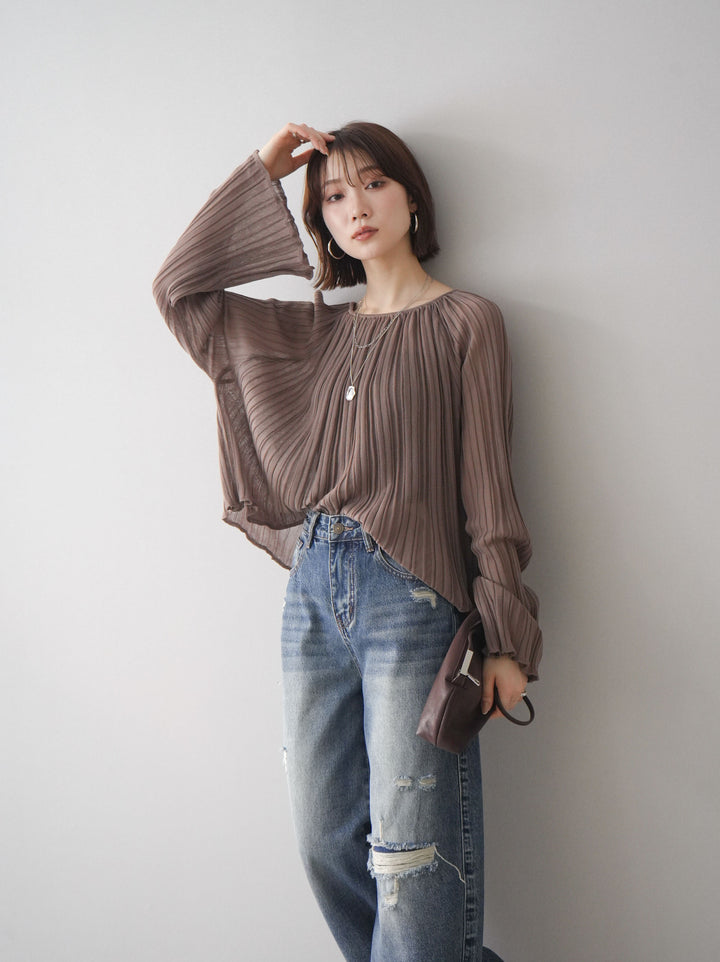 [SET]プリーツシアーフレアスリーブニットトップス+プリーツシアーフレアスリーブニットトップス(2set)