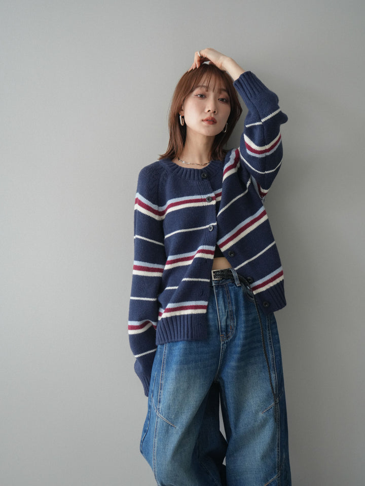 [予約]ランダムボーダーニットカーディガン/navy