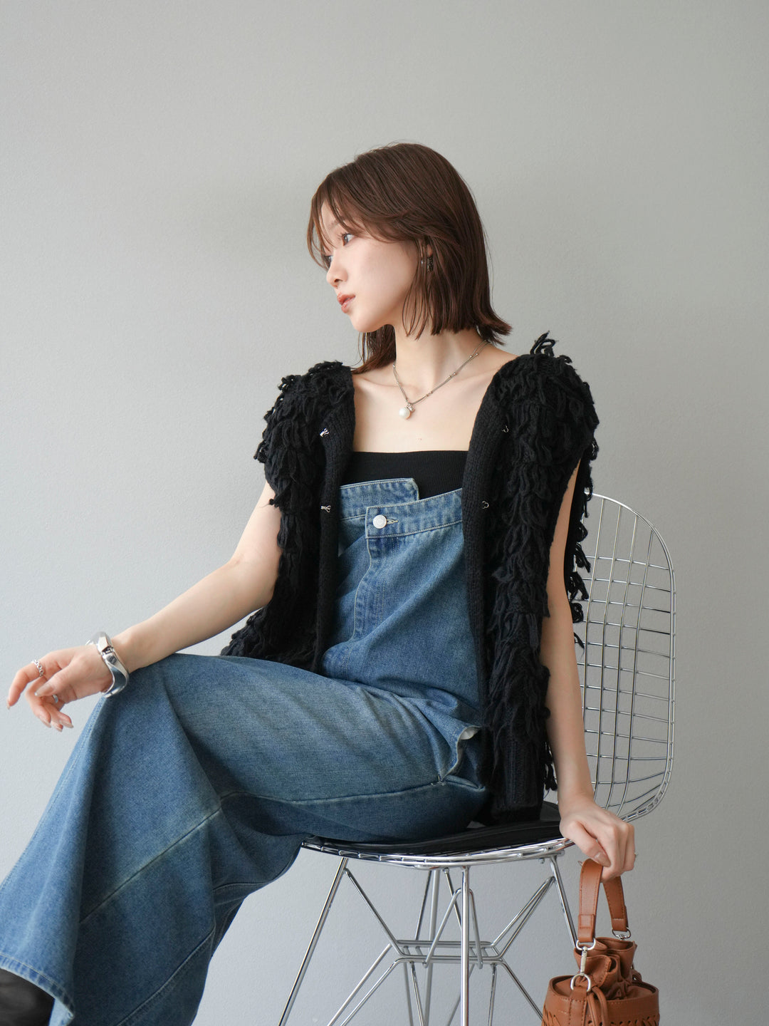 [SET]ループデザインベスト+アシンメトリーデニムワンピース(2set)