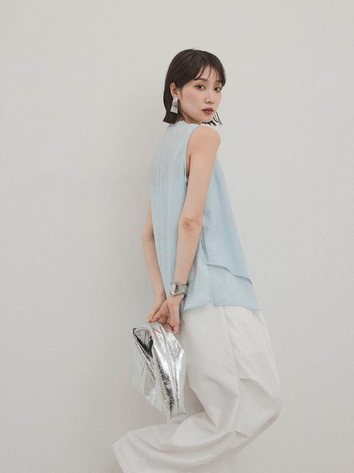 [SET] 透視褶皺不對稱上衣 + 設計環側褶褲 (2 件組)