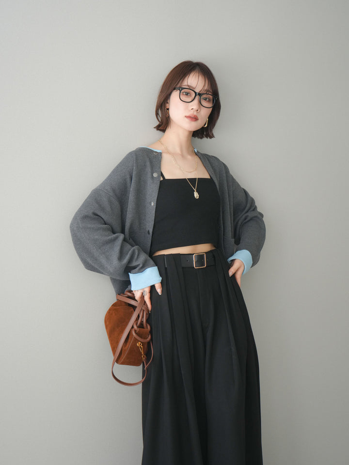 [SET]バイカラーオーバーニットカーディガン+タックベルトループワイドパンツ(2set)