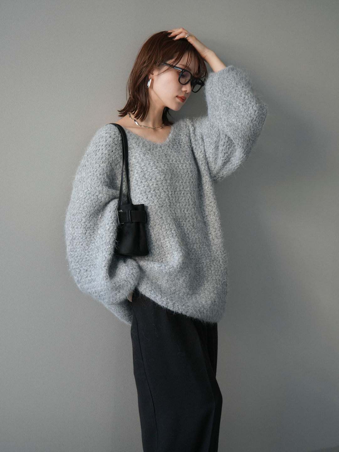 [予約]ウールタッチラメミックスヤーンVネックニットプルオーバー/lightgray