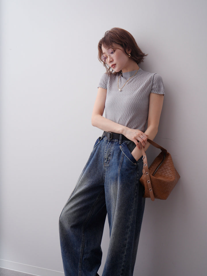 [予約]ウェーブハイネックフレンチニットトップス/gray