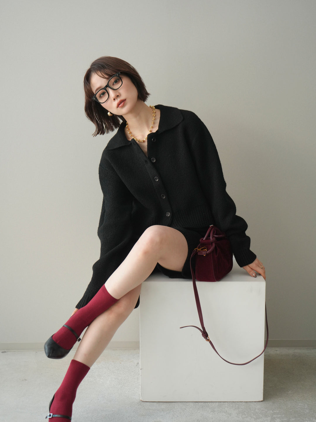 [予約]メランジニット襟付きクロップドカーディガン/black