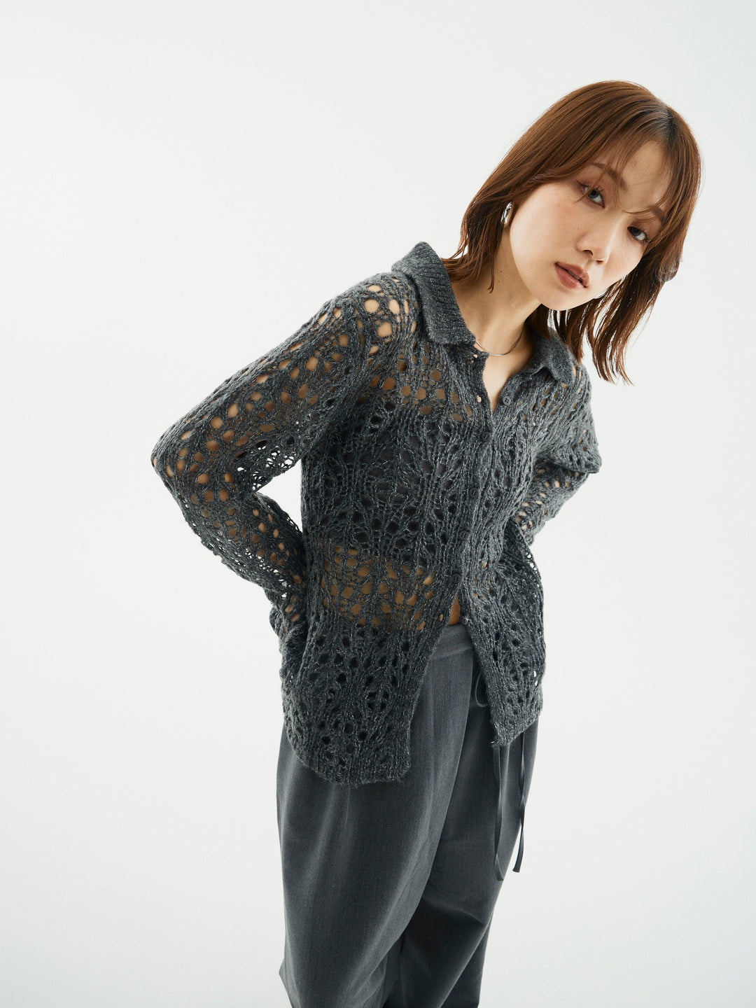 【Allure】[SET]ローゲージ透かし編みポロニッカーディガン+ラップデザインタックワイドパンツ(2set)