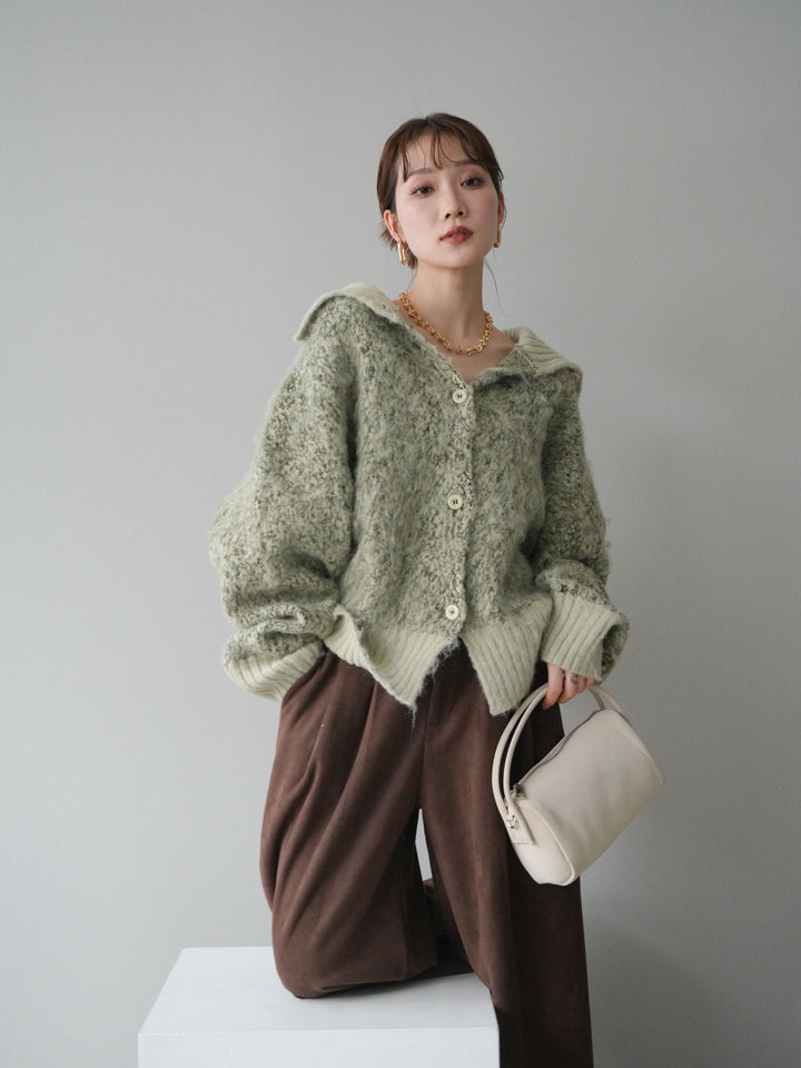 [予約]リブ切替メランジニットカーディガン/green