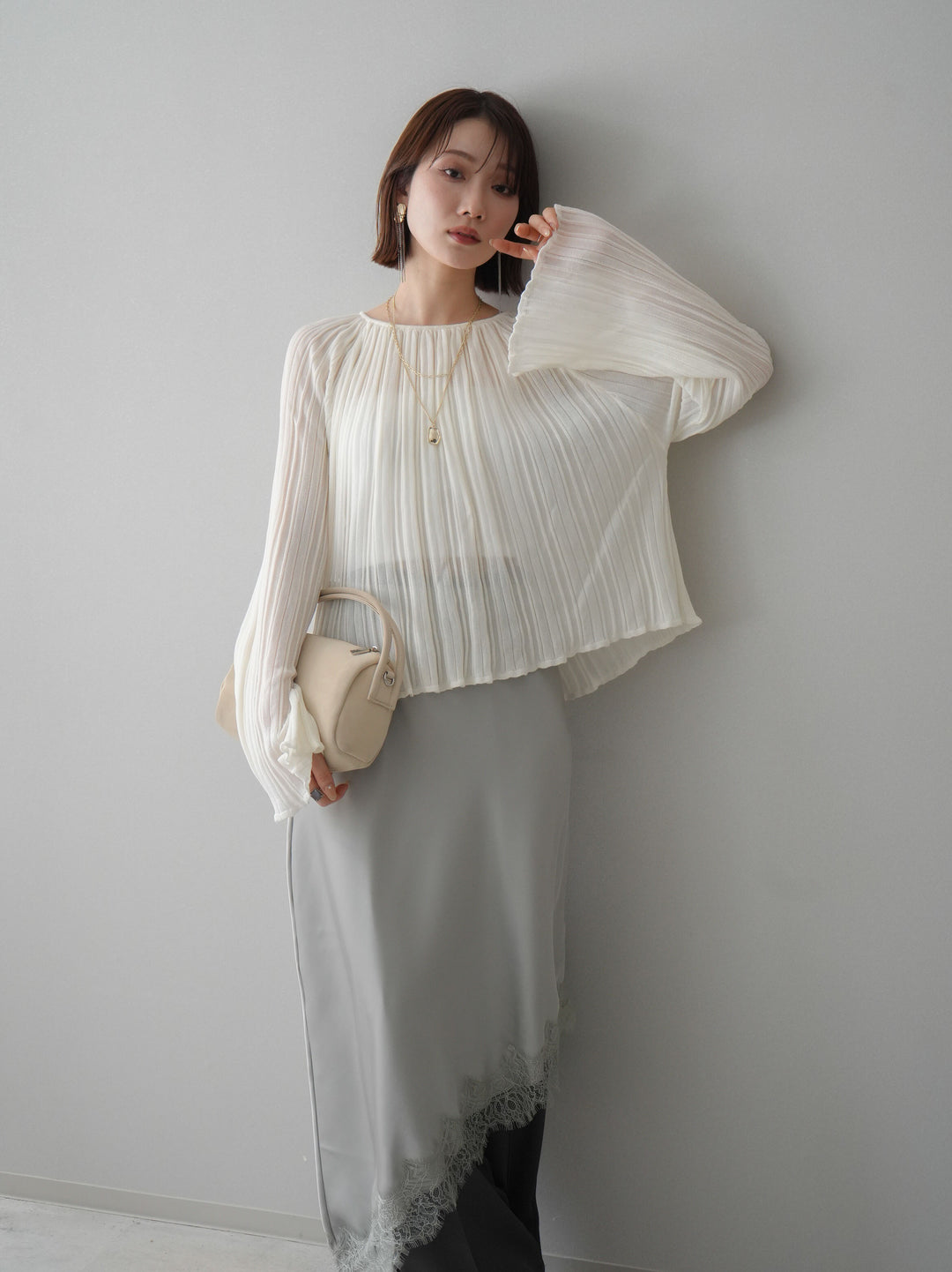 [SET]プリーツシアーフレアスリーブニットトップス+選べるアクセセット(2set)