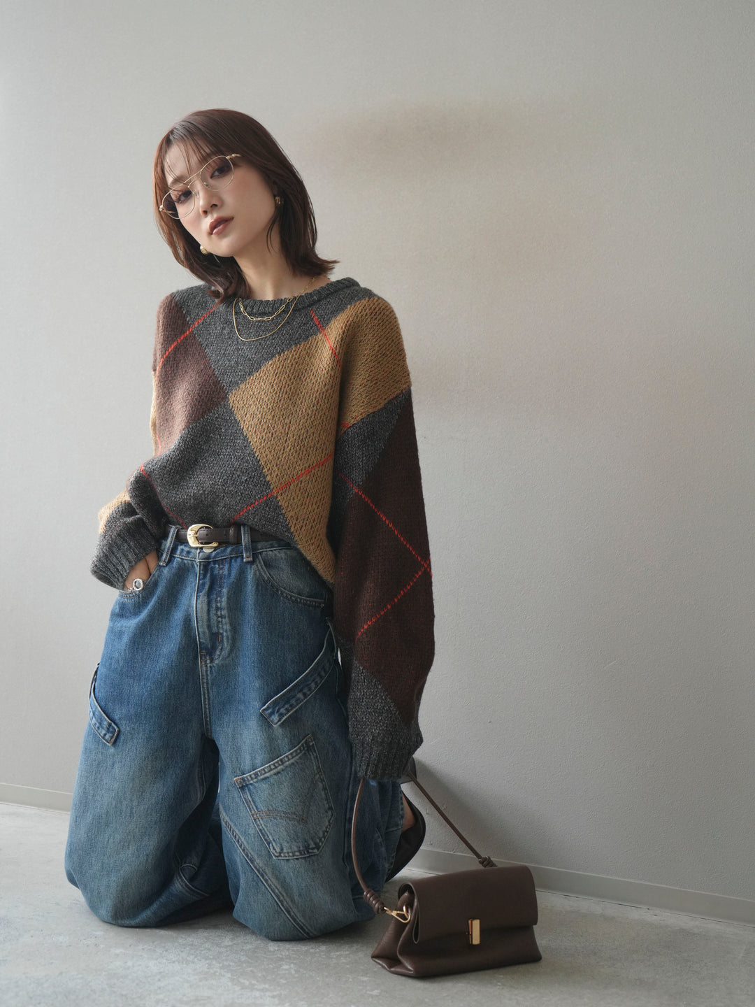 [SET]配色ステッチアーガイル柄ニットプルオーバー+選べるアクセセット(2set)