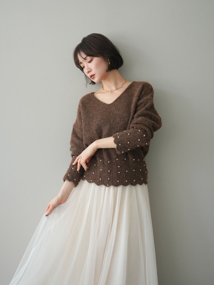 [SET]パールフリルリブヘムニットプルオーバー+選べるアクセセット(2set)