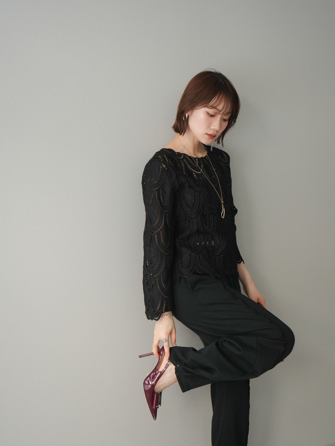 [予約]透かしコードレースブラウス/black
